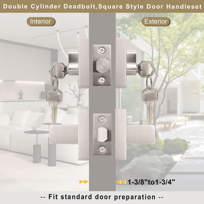 1 Pack Exterior Door Lockset with Deadbolt, Satin Nickel Passage Lever and Keyed Alike Double Cylinder Deadbolt, Reversible Square DoorHandleset for Bedroom, Front Door 1