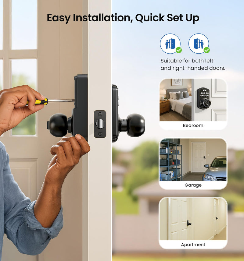 Veise Keypad Door Knob Lock, Keyless Entry Digital Lock with Handle, Electronic Knob for Front Door & Bedroom, Easy Installation, Auto-Locking, Passage Mode, Matte Black