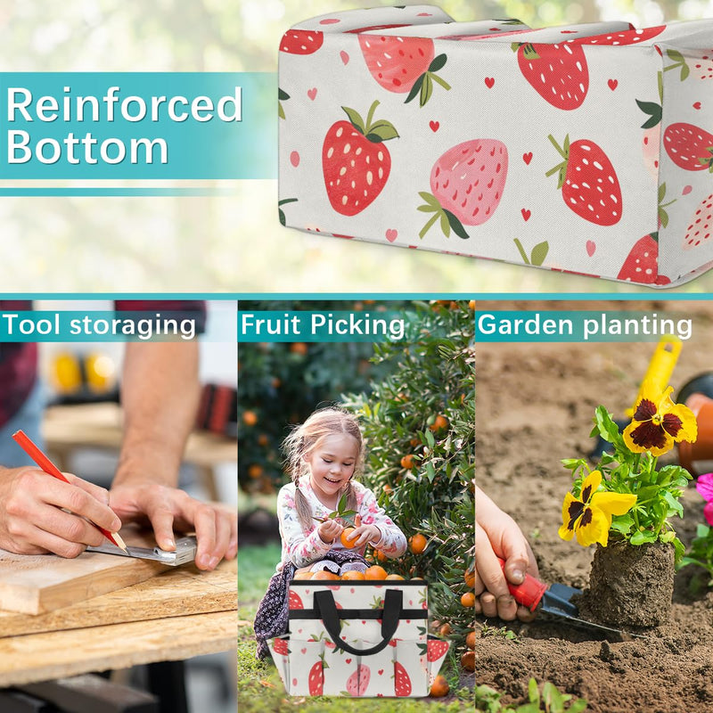 Strawberries Gardening Tool Bag,Heavy Duty Garden Tote Bag,Portable Oxford Gardening Storage Basket Organizer Handbag with Pockets Handle,Hand Tools Gifts for Outdoor Garden Lawn Yard Strawberries