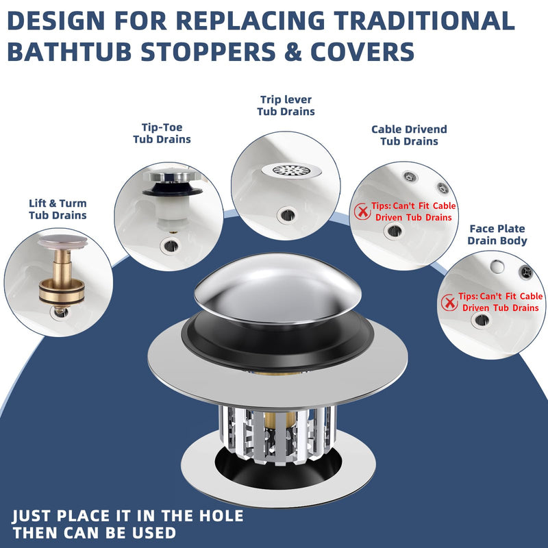 Universal Tub Stopper Bathtub Drain, Drain Hair Catcher and Cover, Pop Up Tub Stopper Bathtub Drain Plug Cover Replaces Bath Tub Lift and Turn, Tip-Toe and Trip Lever Bathtub Drains (Silver) Silver