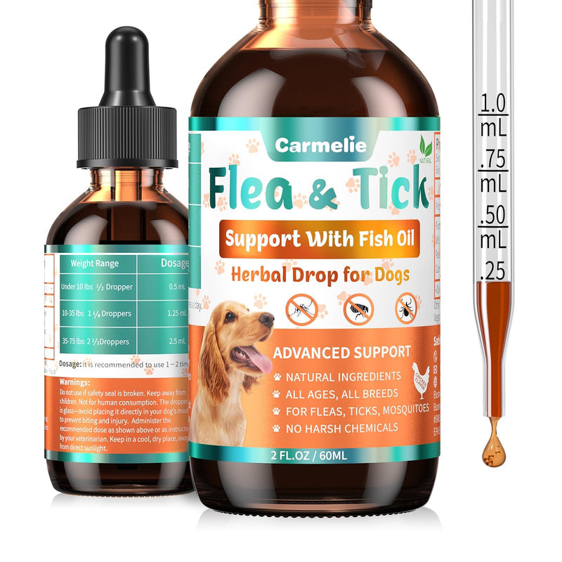 Flea & Tick Support for Dogs, Natural Flea and Ticks Comfort for Dog with Fish Oil, Flea & Tick Liquid Herbal Drop for Dogs - All Breeds & Ages - Chicken