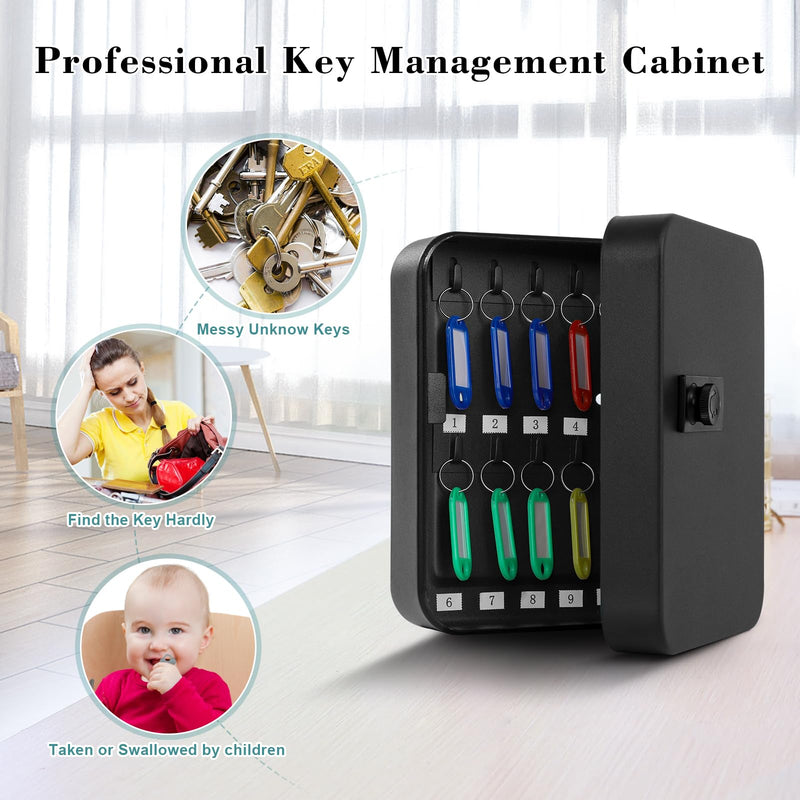 KYODOLED 20 Key Storage Lock Box with Code, Key Cabinet Organizer Wall Mount with Combination Lock, Hooks & Labels for Home, Office & Rental Properties, 7.87 x 6.3 x 3.14 in, Black Black With Combination Lock
