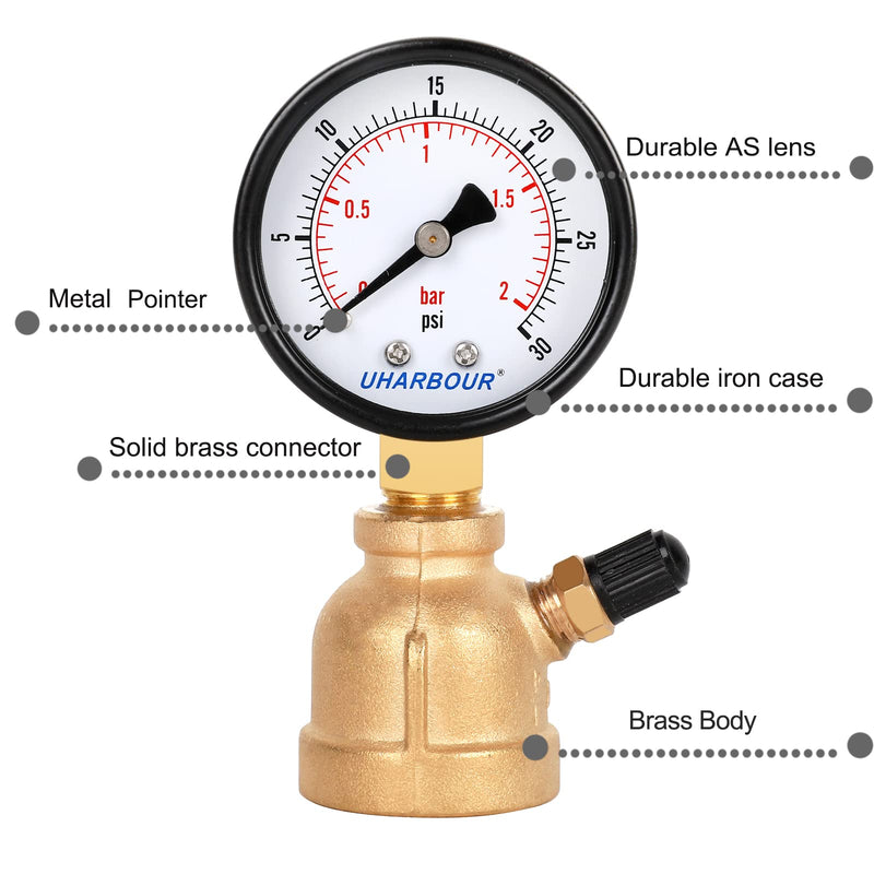 Gas Line Pressure Tester, Brass Gas Pressure Tester Gauge, 3/4" FNPT Forged Brass Assembly with Air Pressure Gauge 30psi and Air Bleeding Valve for Pressure Testing on Home Gas Line 30Psi Brass gas pressure tester