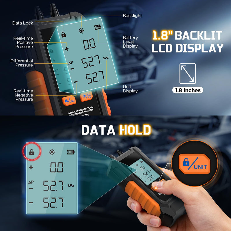 Manometer Gas Pressure Tester, Dual-Port HVAC Digital Differential Pressure Gauge with 6 Switchable Units, Large Backlit LCD, Data Hold Function, 7 Adapters, -101 to 200 kPa Range