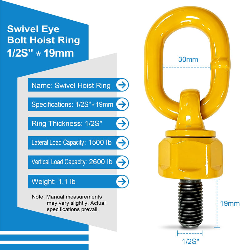 4 Pack Swivel Eye Bolt Hoist Ring 1/2S" x 19 G80 Alloy Steel Material, Standard Load Capacity 1500 lbs Swivel Eye Bolt, 360° Rotation Hoist Ring, 1080Mpa Tensile Strength