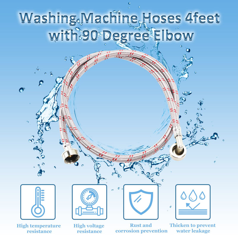 Cenipar Washing Machine Hoses 4feet with 90 Degree Elbow Premium Stainless Steel Burst Proof (cost-effective 2 pack) Red and Blue Striped Water Connection Inlet Supply Lines 90 Degree Elbow Hoses 4 Feet