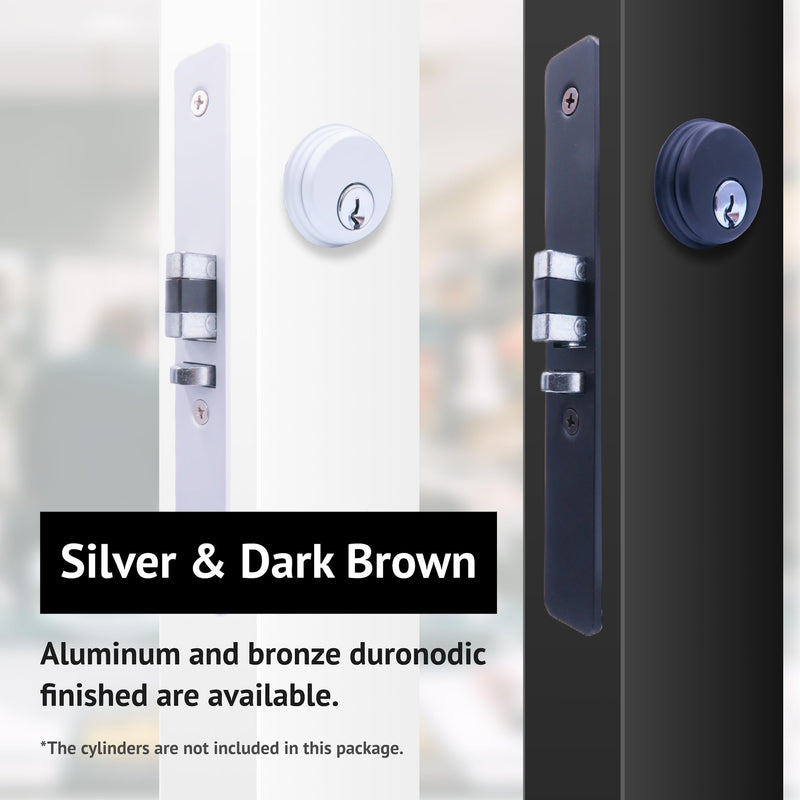 elox Narrow Stile Aluminum Door Mortise Deadlatch Lock, Handing Reversible Latch, 1-1/8" Backset, w/Aluminum & Bronze Duronodic Finish faceplate, Without Cylinder and Without Keys Silver