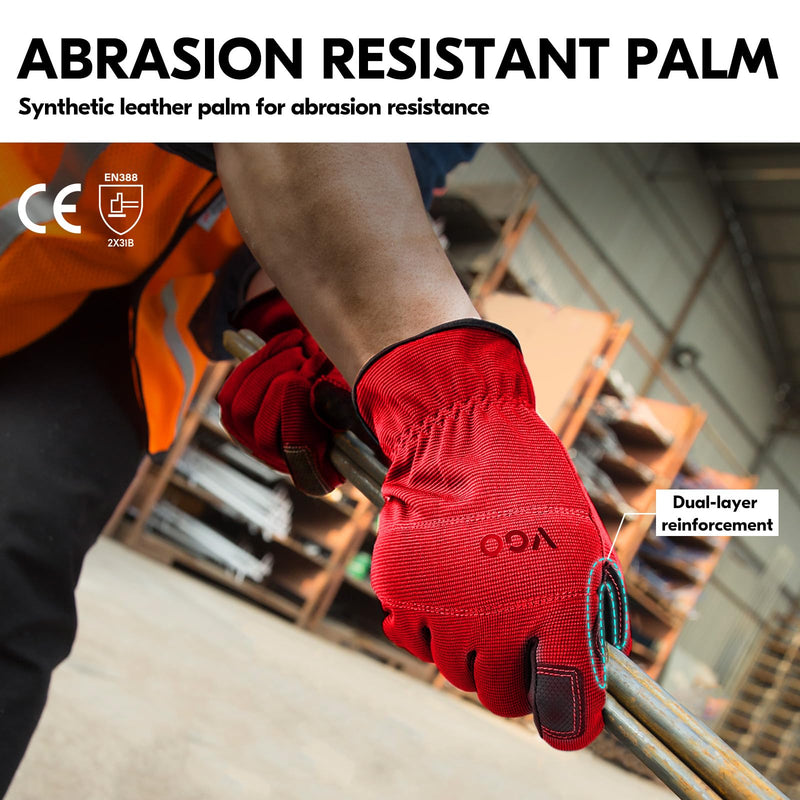 Vgo... 3-Pairs Synthetic Leather Work Gloves, Multi-Purpose Light Duty Work Gloves, Breathable & High Dexterity, Touchscreen Medium (Pack of 3) Red+gray+yellow
