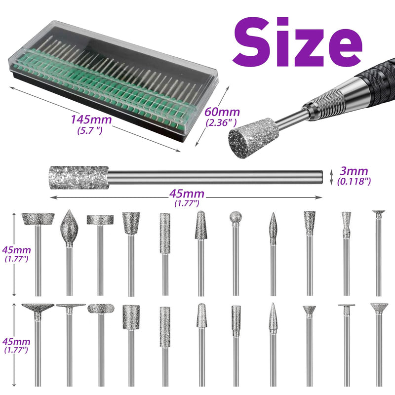 52Pcs Diamond Grinding Bit Polishing Kit Compatible with Dremel, Stone Carving Set Diamond Bits 1/8" (3mm) Shank Accessories for Stone Glass Ceramics Carving, Polishing, Grinding 52PCS