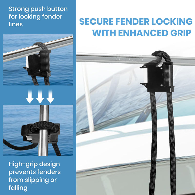 2 Pack Boat Fender Hanger with Quick Release, Boat Fender Adjuster for Rail and Cleat, Easy Height Adjustment Boat Bumper Hanger Clips, Heavy Duty Fender Line Holder for Docking Accessories Black