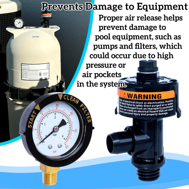 Pressure Gauge Air Relief Valve 98209800 Compatible with Pentair Pool Filter FNS Plus, SMBW 2000 & 4000 Series, Clean and Clear Plus, Quad DE Series and More