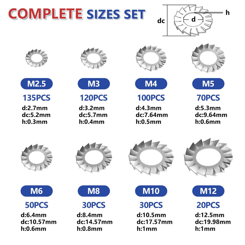555Pcs External Tooth Lock Washers Assortment Kit, 304 Stainless Steel Metric External Tooth Star Lock Washer - M2.5 M3 M4 M5 M6 M8 M10 M12 for Retaining Clips Fasteners External Tooth Washers-Silver