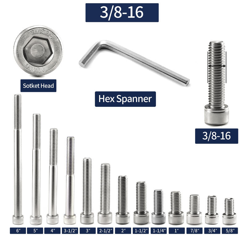 3/8-16 x 3 Socket Head Cap Screws Bolts, 20Pcs 304 Stainless Steel 18-8, Allen Socket Hex Drive, Full Thread, Bright Finish by SG TZH(with Hex Spanner) 20 3/8-16 x 3"