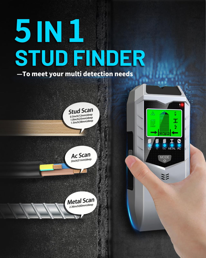 5 IN 1 Stud Finder Wall Scanner, Enhanced Accuracy High Stability Electronic Detector for Wall Wood Metal Studs, Stud Sensor Beam Finders for Center & Edge of Wood AC Wire Metal Studs Joist Pipe
