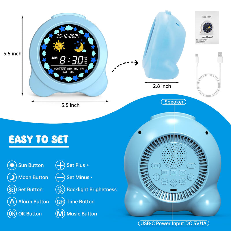 Kids Alarm Clock, Sun & Moon LED Display with Day & Date, Children's Sleep Trainer with Night Light & Sleep Sounds, Cute Wake Up Clock for Kids Bedroom, Easy to Use Birthday Gift for Boy and Girls Sky Blue