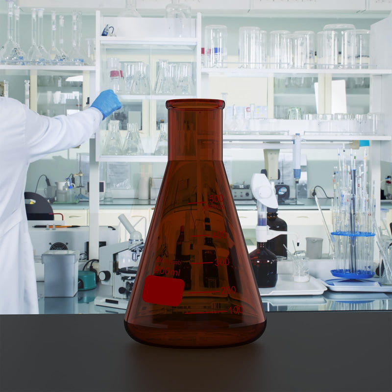 stonylab Borosilicate Glass Amber 500 ml Heavy Wall Narrow Mouth Erlenmeyer Flask with Heavy Duty Rim, Flat Bottom, Ideal for Mixing, Heating, and Lab Experiments