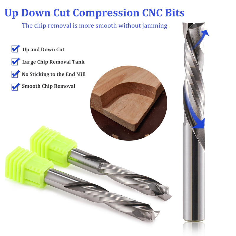Compression CNC Spiral Router Bits 5PCS, 2 Flutes 5/32'' Shank Up Down Cut Solid Carbide End Mills, 7/8'' Cutting Length Milling Cutters CNC Bits for Wood Engraving Carving(4x22mm) 5/32'' Shank-5/32'' Dia-7/8'' CL