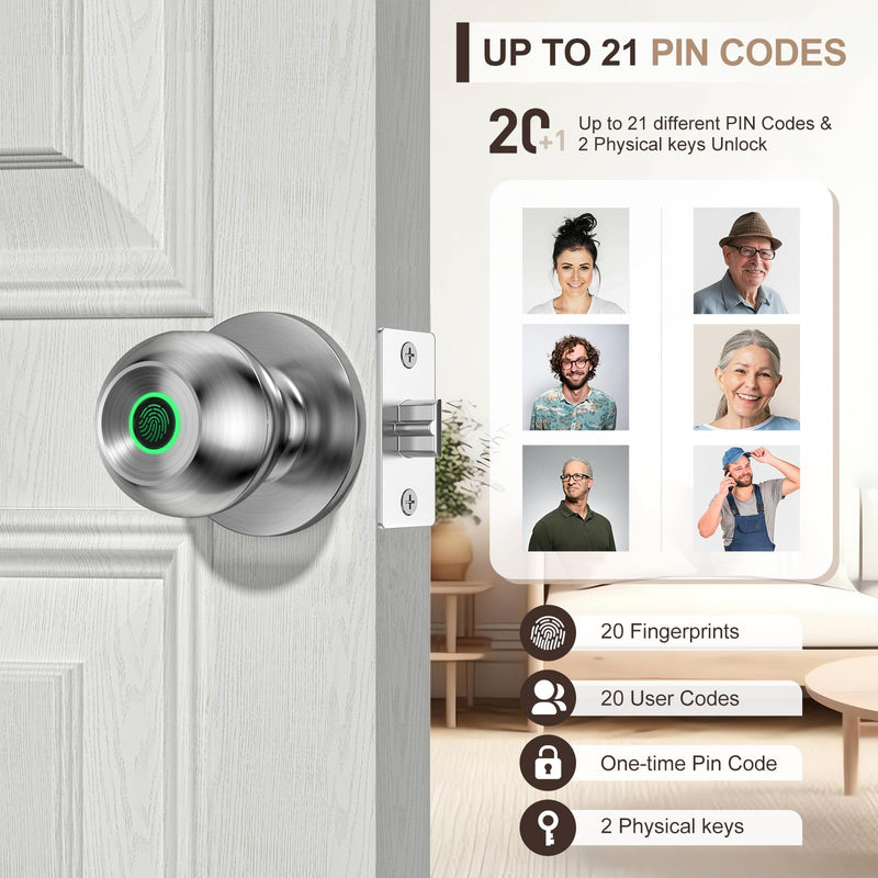 Fingerprint Door Lock，Smart Door Knob, Smart Lock Biometric Door Lock Fingerprint Door knob with App Control Suitable for Bedroom,Utility Room,Apartments Offices,Hotels(Silver) Silver