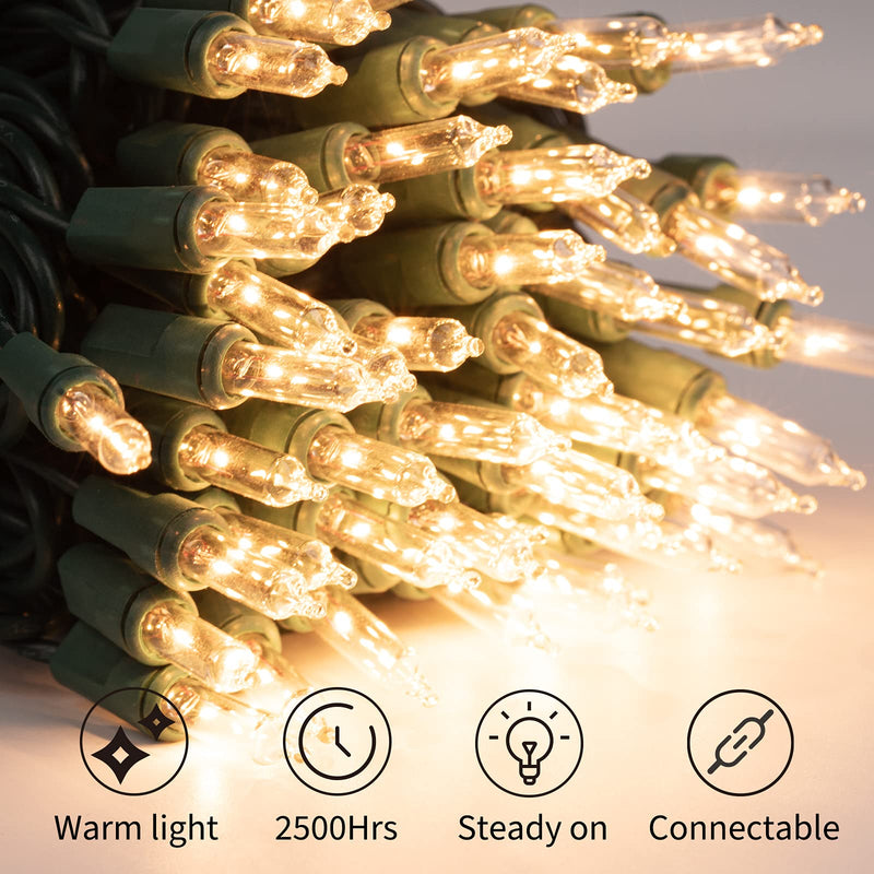 Clear Christmas String Lights 100 Count 25 Feet Incandescent Bulb Mini Lights for Indoor Xmas Tree Garland Birthday Wedding Party Festival Decoration, Green Wire Clear Warm White