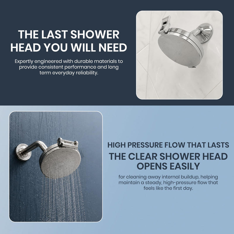 Patented Open Clean Design Shower Head - The World’s Only Cleanable Shower Head to Reduce Moisture & Buildup, High Pressure Flow, Universal Fit - Chrome - 5.5 inches