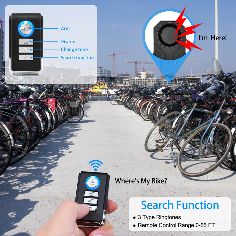 Bike Alarms for Ebikes, 2Pcs Wireless Bike Alarm with Remote, Anti-Theft Bicycle Motorcycle Alarm Wireless Security Vibration Motion Sensor Alarms, IP65 Waterproof Super Loud 113dB 2PK SF22R