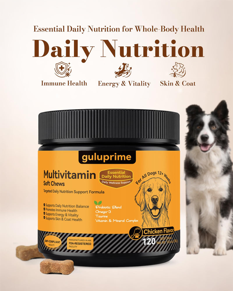 Dog Multivitamin Soft Chews – Daily Dog Vitamins & Supplements for Immunity, Skin & Coat, Digestion & Overall Wellness, Tasty Chewable Vitamins for Dogs, All Breeds & Ages, Chicken Flavor, 120 Chews