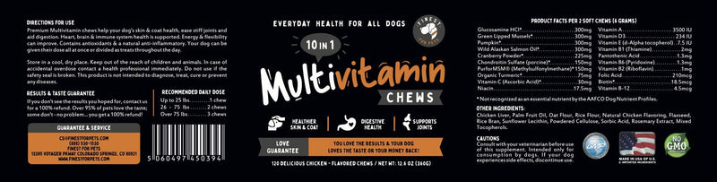 Dog Multivitamin Chewable Treats - Pet Vitamins and Supplement, 10-in-1 Multivitamin for Dogs, Supports Joints, Hip, Bowel, Muscle Health, with Glucosamine and Omega Fish Oil (120 Chews) - PawsPlanet Australia