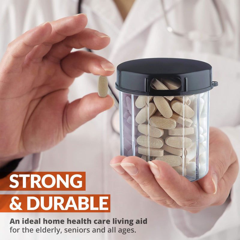Round Pill Organizer Dispenser - Pack of 2 - Pill Boxes with 4 Compartments for Medication, Vitamins & Supplements Bottle Daily Pill Case Reminder Box, (Black and Clear) 2 Count (Pack of 1) Black & Clear