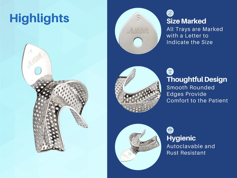 Dental Impression trays 10 Extra Small, Small, medium, large and extra large pairs stainless steel dentures orthodontics by Artman Instruments