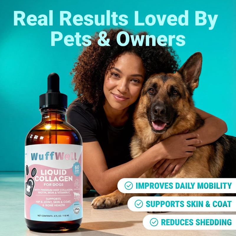 WuffWell Liquid Collagen for Dogs - Premium Dog Collagen Drops for Healthy Joints - Made in USA - Supports Skin & Coat Health - Easy to Administer for Dogs of All Breeds