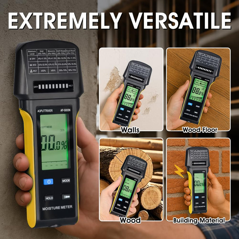 Pinless Moisture Meter for Walls & Wood, Non-Invasive Moisture Detector with 20mm Deep Scan, Tri-Color LCD & Audible Alarm, Water Damage Detection for Home Inspections, Renovation, Built-in Flashlight AP-5000N