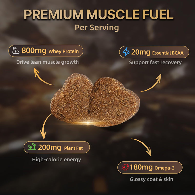 High Calorie Dog Muscle Builder Chews for Underweight Breeds, 100 Ct | For skinny and active dogs, stops bowl refusal, 800mg whey protein per serving, garbanzo flour for stable digestion