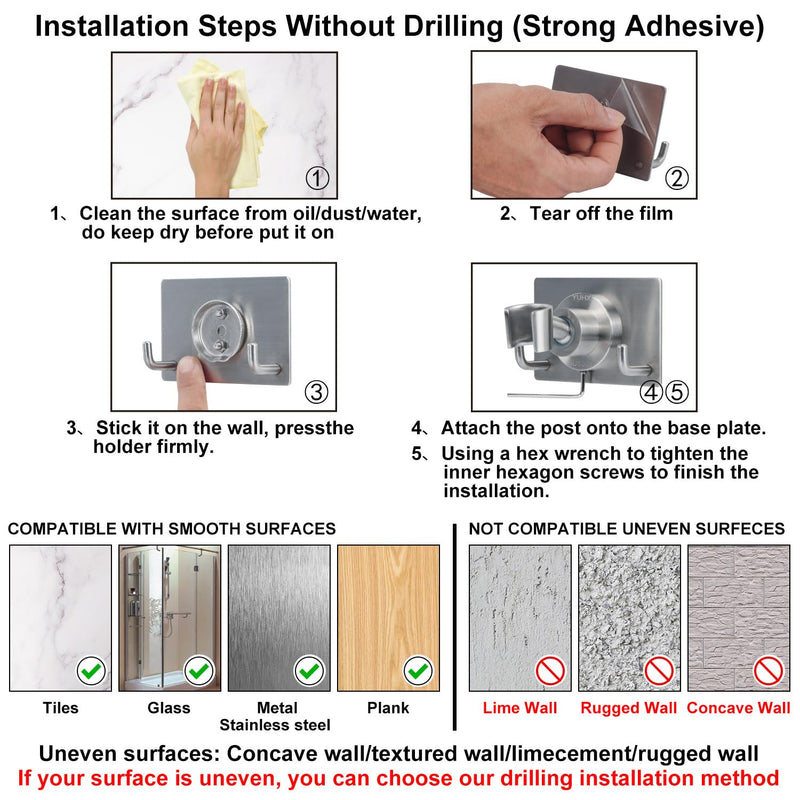 Shower Head Holder All Metal Strong Adhesive and Drilling Screws Two Installation Methods, Adjustable Handheld Shower Head Mount,Stainless Steel Hand held Showerhead Wand bracket A-Style Brushed