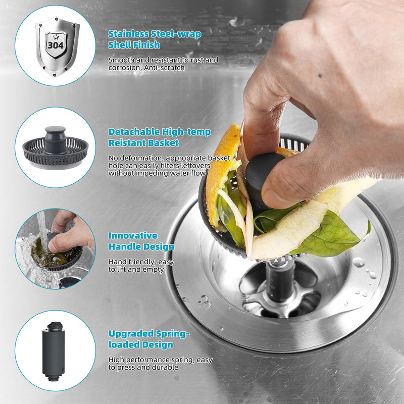 Hibbent 3 in 1 Kitchen Sink Drain Strainer, Stainless Steel Wrapped Shell Drain Stopper Combo, Pop Up Sink Stopper, Anti-Clogging Basket Strainer with Handle for US Standard 3-1/2" Drain Flat Round Handle with 1 Strainer