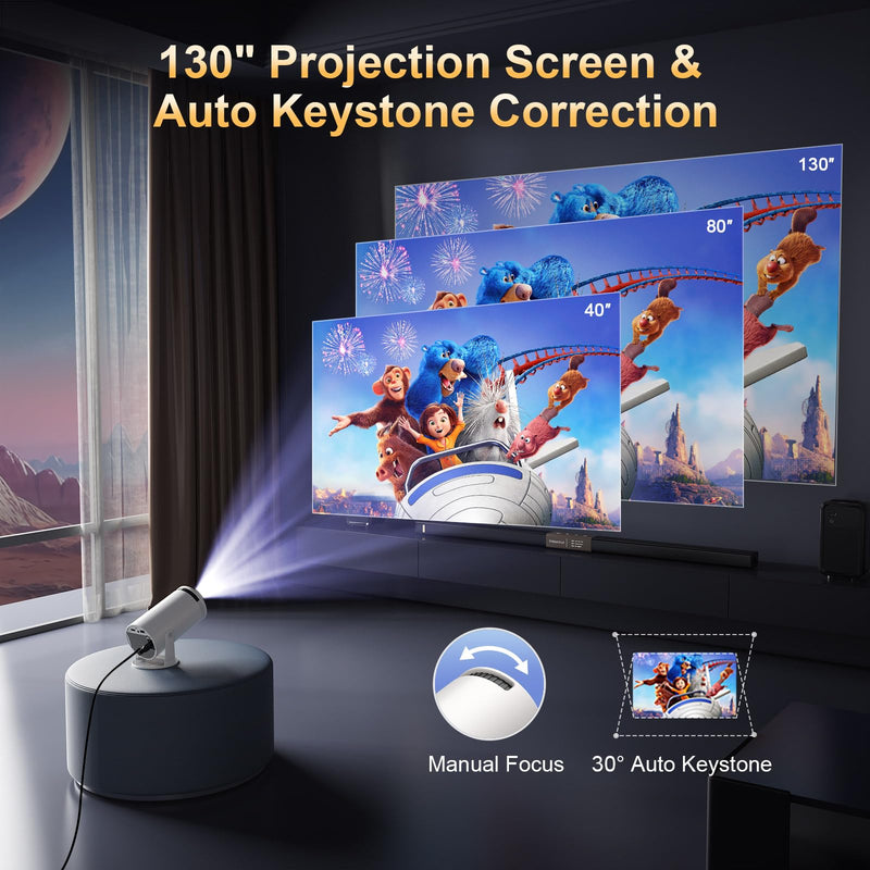 Mini Projector with Latest Android 13 - Portable Projector with WiFi 6 Bluetooth 5.2: Built-in Apps, 4K/1080P Support, Auto Keystone, 180° Rotatable, 40"-130" Movie Video Projector for Indoor/Outdoor D1-HY300-Manual Focus