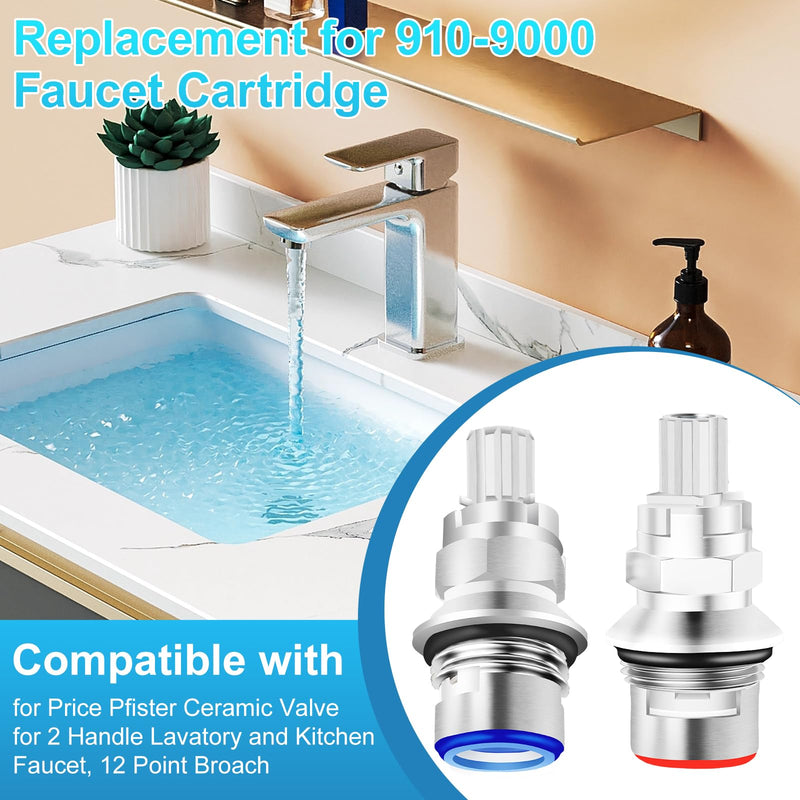2 Pack 910-9000 Ceramic Disc Cartridge Replacement, Compatible with Price Pfister Hot & Cold Ceramic Valve, Faucet Cartridge, for 2 Handle Lavatory Faucets, 12 Point Broach﻿