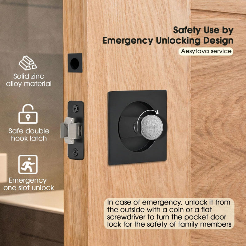 Black Pocket Door Hardware, 2 3/8" Backset, Matte Black Pocket Door Lock for Bathroom, Heavy Duty Solid Square Pocket Door Hardware(2 Pack) 2 Pack 2 3/8"