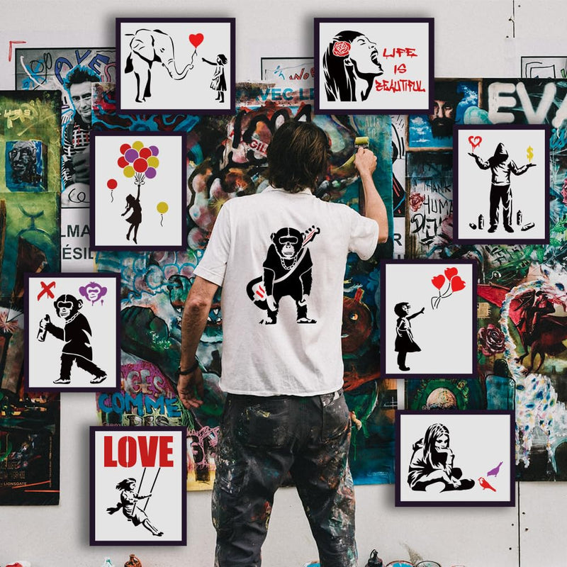 FINGERINSPIRE 9 pcs Banksy Painting Stencil 8.3x11.7inch Reusable Banksy Girl Boy Chimpanzee Pattern Drawing Template Life is Beautiful Decoration Stencil for Painting on Wood Wall Fabric Furniture - NewNest Australia