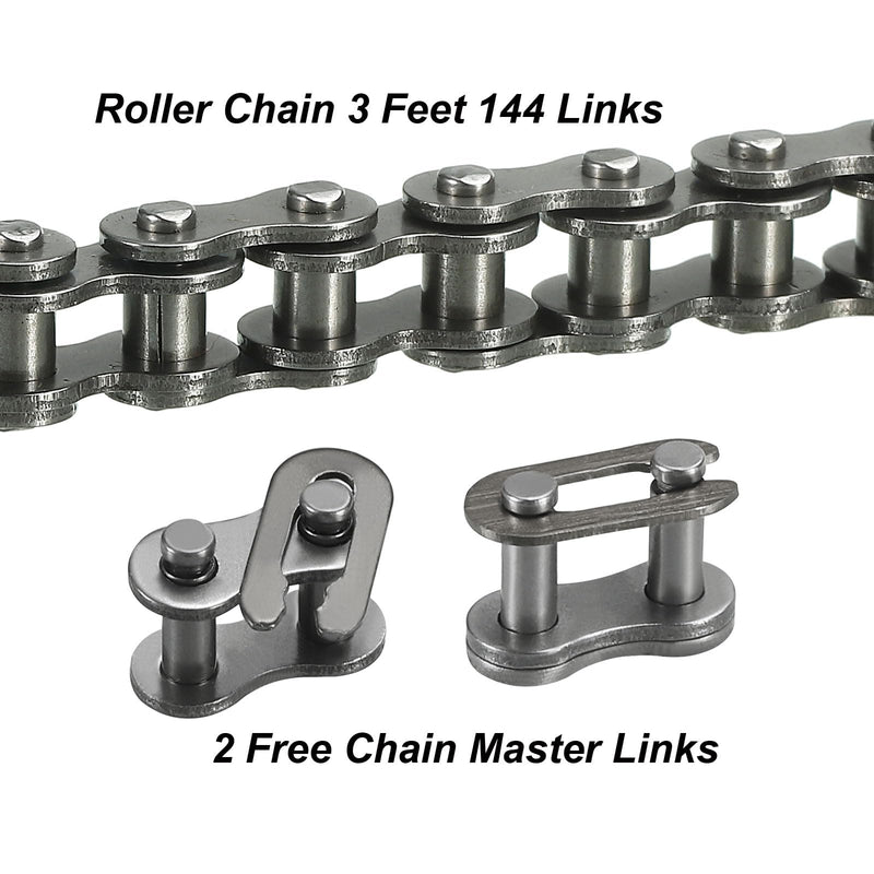 uxcell #25/04C-1 Roller Chain 3 Feet 1/4" Pitch Carbon Steel Roller Chains with 2 Free Master Connector Links for Mini Bikes, Motorcycles, 144 Links