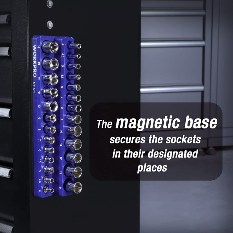 WORKPRO Magnetic Socket Organizer, 1/4-Inch Metric Socket Holder, Socket Trays Holds 26 Pieces Standard Size and Deep Size Sockets(Socket not Included) 1/4" DR, Metric