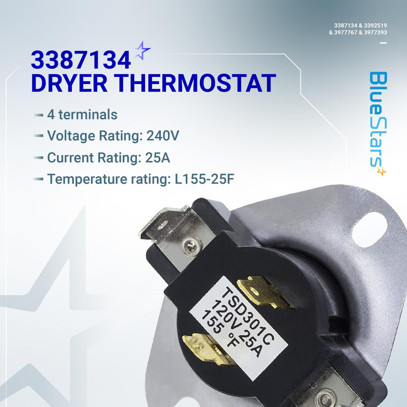 BlueStars [LIFETIME WARRANTY] 3387134 Cycling Thermostat 3392519 Dryer Thermal Fuse 3977393 Thermal Cut-off Switch 3977767 High-limit Thermostat Kit - Fit Whirlpool Kenmore Maytag Dryers Pack of 1