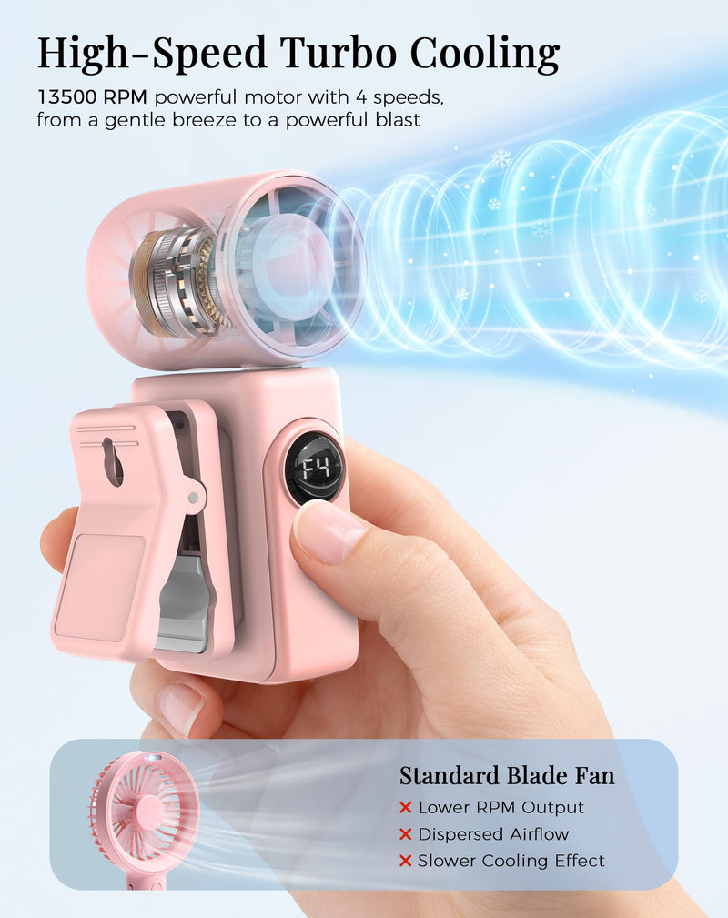 Hotsales Clip-On Portable Fan, 13500 RPM Rechargeable Handheld Mini Fan with LED Display, 360° Rotating Detachable Clip, Stroller Fan for Baby, Compact Travel Essentials/Lash, Summer Gifts for Women Girl Pink