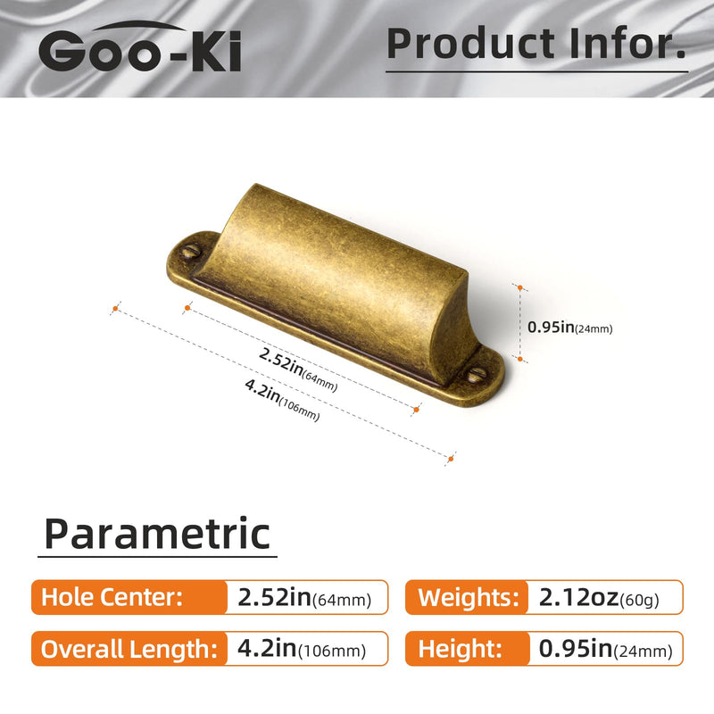 Goo-Ki 6 Pack Antique Brass Cup Pulls for Cabinets & Drawer Kitchen Cabinet Pulls Hardware, 2.52" c-c Vintage Brass Zinc Alloy Bin Cup Drawer Pulls Dresser Handles 2.52 Inches Center-Center