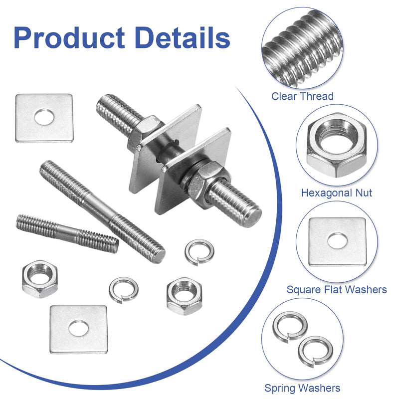 uxcell 2Pcs M8x500mm 304 Stainless Steel Double End Threaded Stud Screw Bolt with Nuts, Square Flat Washers & Spring Washers for House Maintenance, Silver Tone