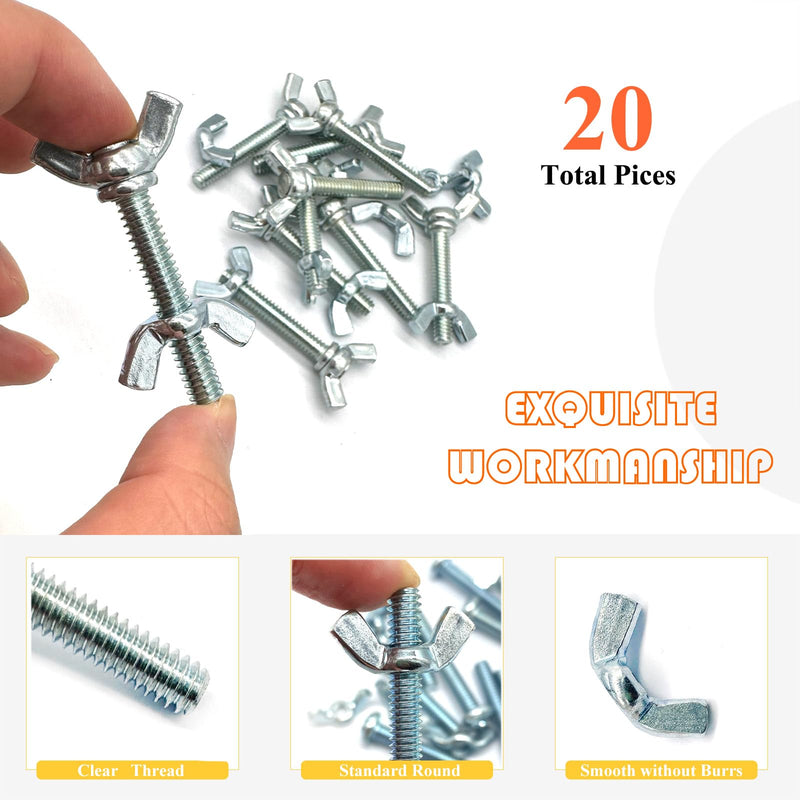 20 Sets 1/4"-20 x1-1/2 Wing Screw Bolts and Wing Nut Kit Butterfly Screws and Nut with Hand Twist Tighten Wing Head Zinc Plated Hardware Fitting Fastenings Assortment Kit Silver 10 Sets 1/4"-20 x1-1/2" WingScrews&WingNuts