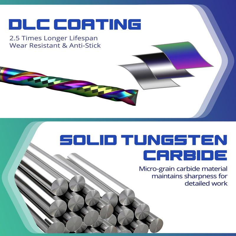 Compression CNC Router Bits with DLC Coating, 1/8 inch Shank 2 Flutes Spiral End Mill Wood Cutters Up & Down Cut Solid Carbide Endmills Milling Cutter for Wood PVC Engraving (Pack of 10)
