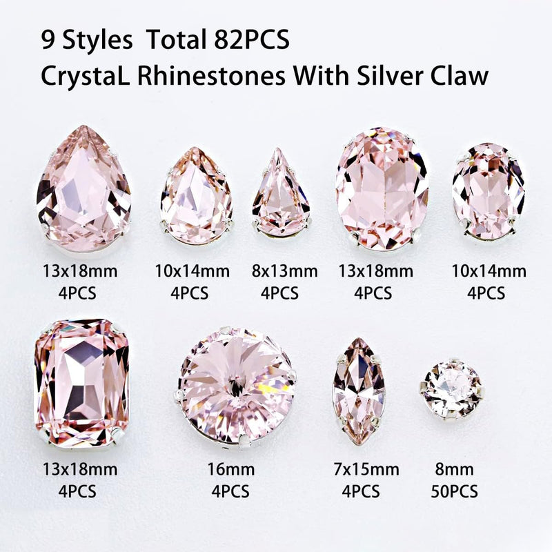 DONGZHOU Sew On Rhinestones with Silver Claw, Mixed Shapes 82pcs Glass Rhinestone K9 Crystal Flatback Sew On Gems for Jewelry Making DIY Crafts Clothes Shoes Wedding Decoration Light Rose-110