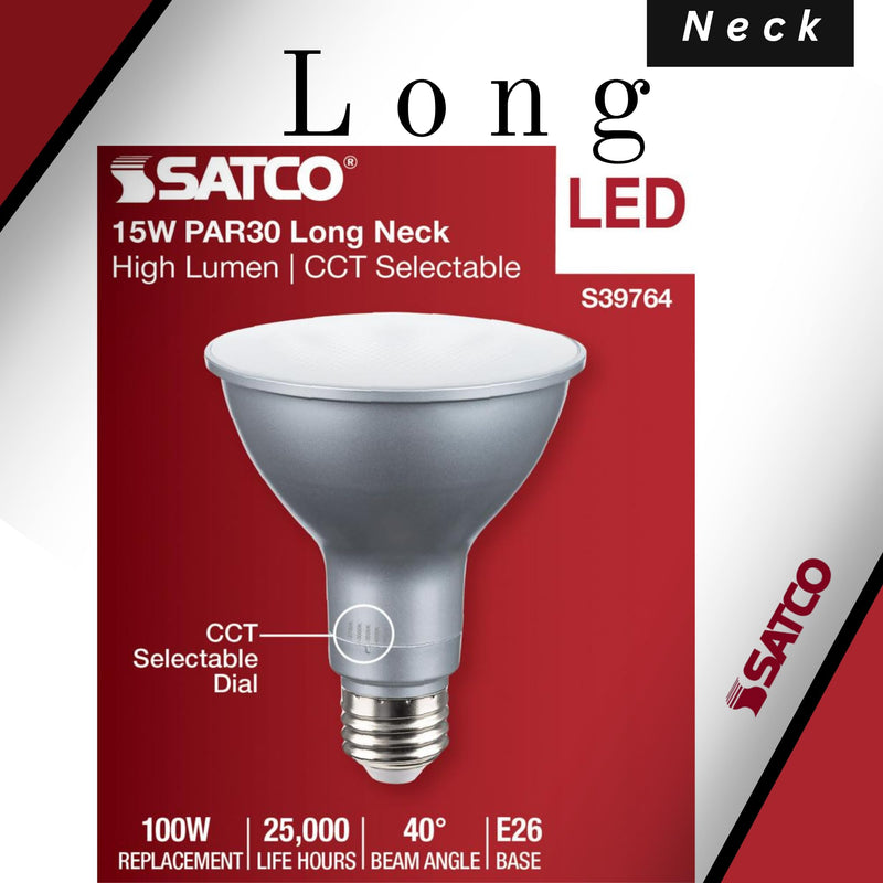 Satco S39764 15 Watt PAR30 Long Neck LED Reflector Light Bulbs High Lumen 27K/30K/35K/40K/50K CCT Selectable E26 Medium Base 120-277 Volt Wet Location Non-Dimmable (2 Pack)