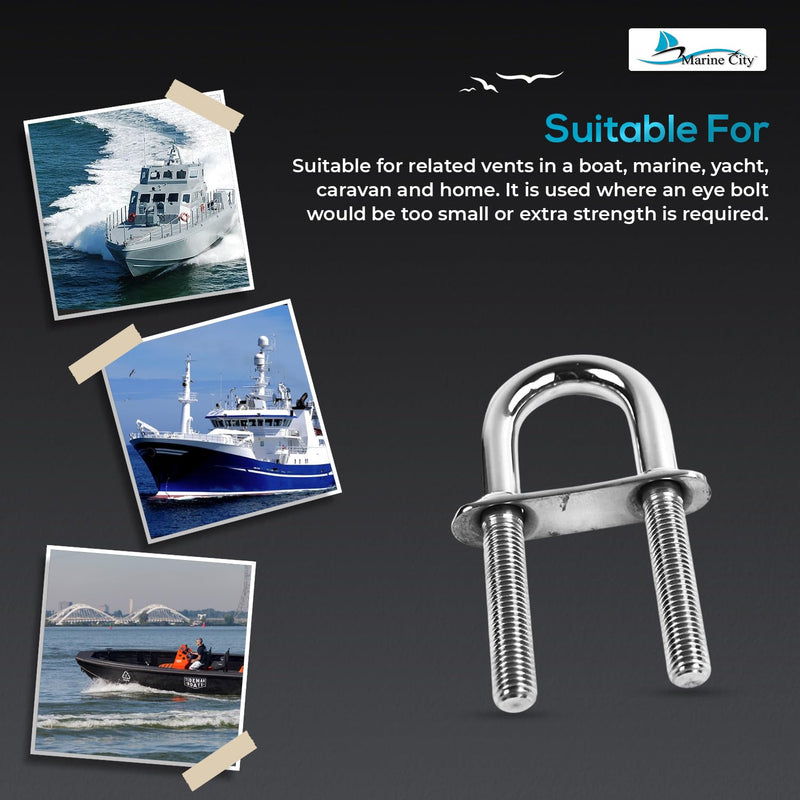 MARINE CITY 316 Stainless Steel U-Bolt with Plate, Nuts & Washer – 4.85" L x 2.25" W, 46mm Center, 8mm Dia, Heavy Duty Corrosion Resistant Deck Hardware for Boat, Marine, Yacht, RV (1 Pack)