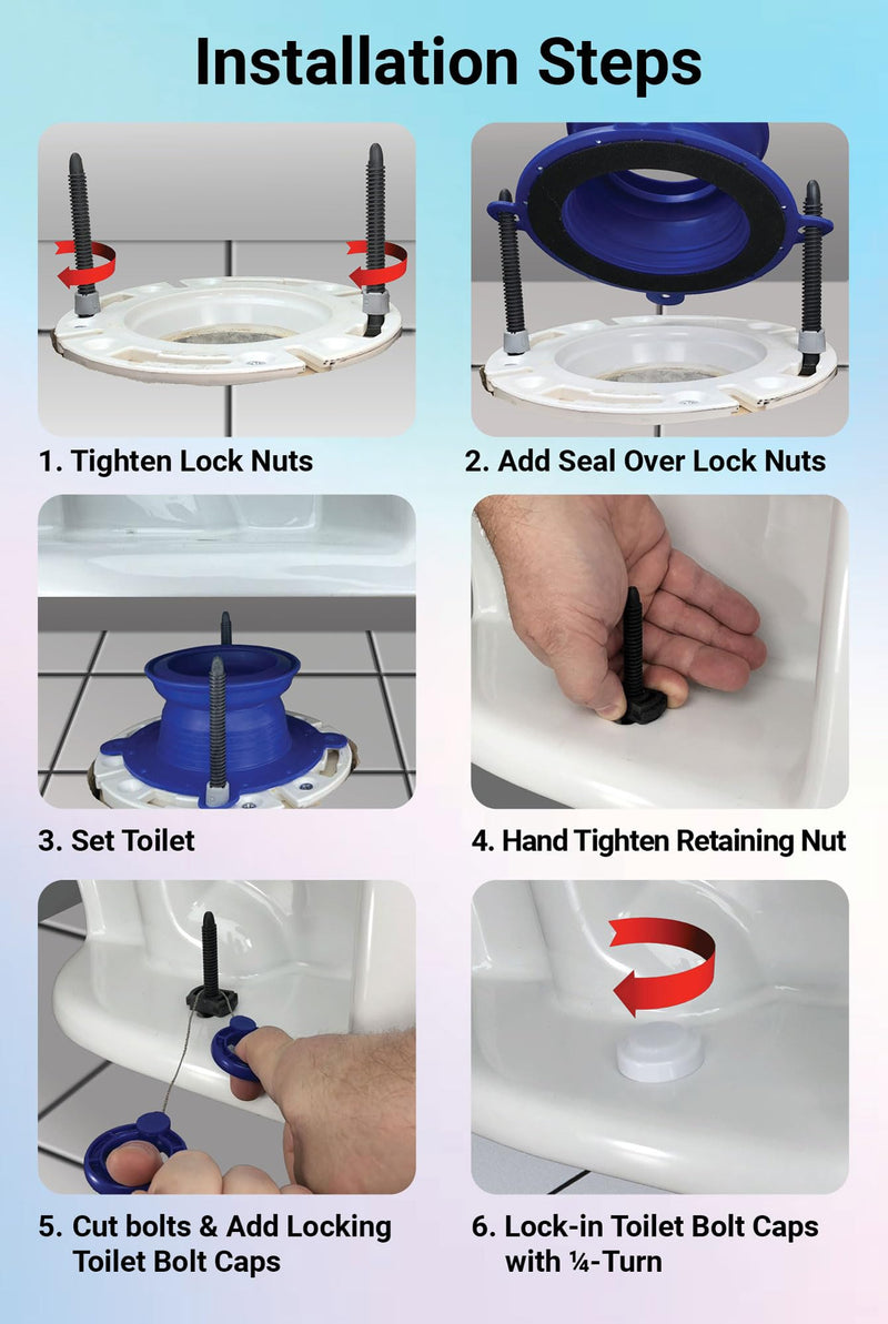 One N Done Toilet Flange Repair Kit - Complete Toilet Seal Repair For Wax Seal, Rubber Gasket Ring,Tool-Free Nuts Includes 3 1/2-Inch Locking Bolts, Bolt Caps- Easy Toilet Bowl Repair (1, Blue)